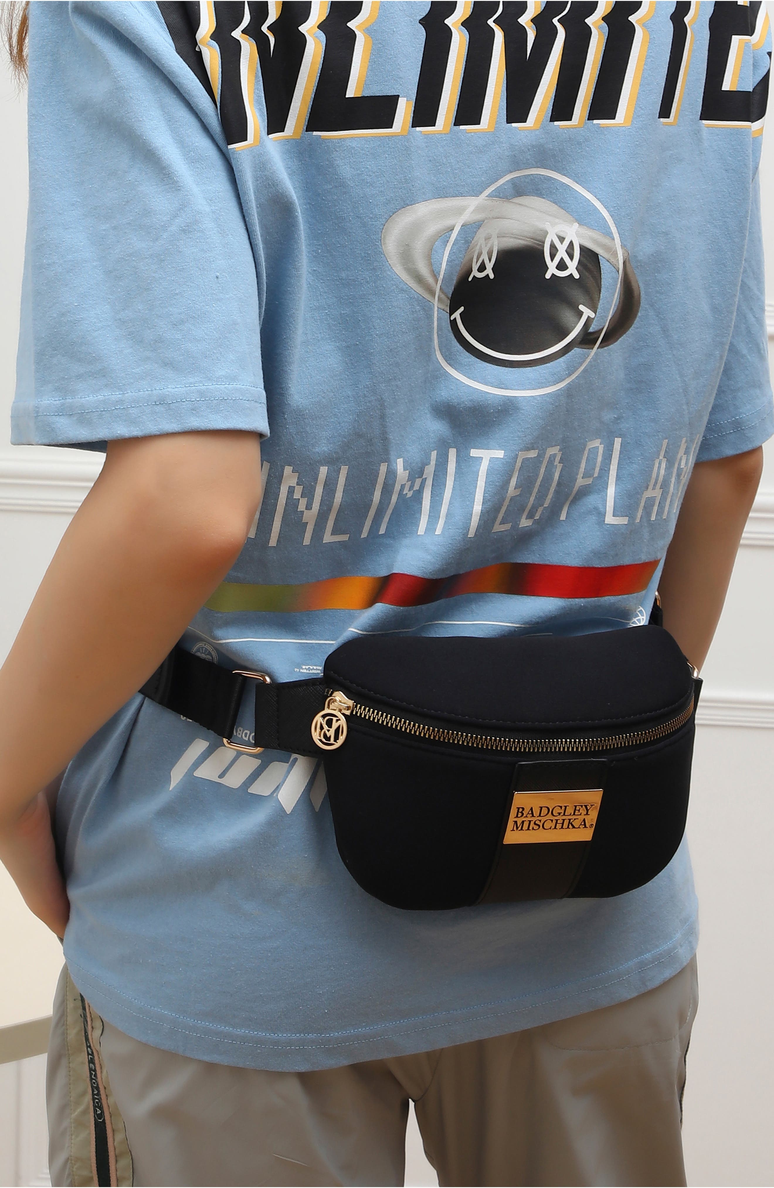 BADGLEY MISCHKA Sage Scuba and Vegan Leather Belt Bag, Alternate, color, Black