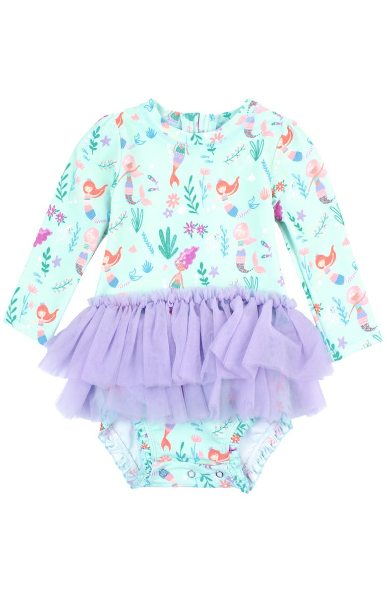 RuffleButts Baby + Toddler Girls UPF50+ Tulle Skirted One Piece Rash Guard, Main, color,
