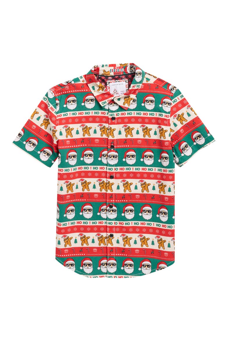 Kids' Holiday Print Cotton Blend Button-Up Shirt, Main, color, RED/ BLACK
