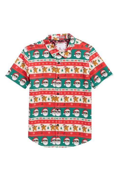 Kids' Holiday Print Cotton Blend Button-Up Shirt