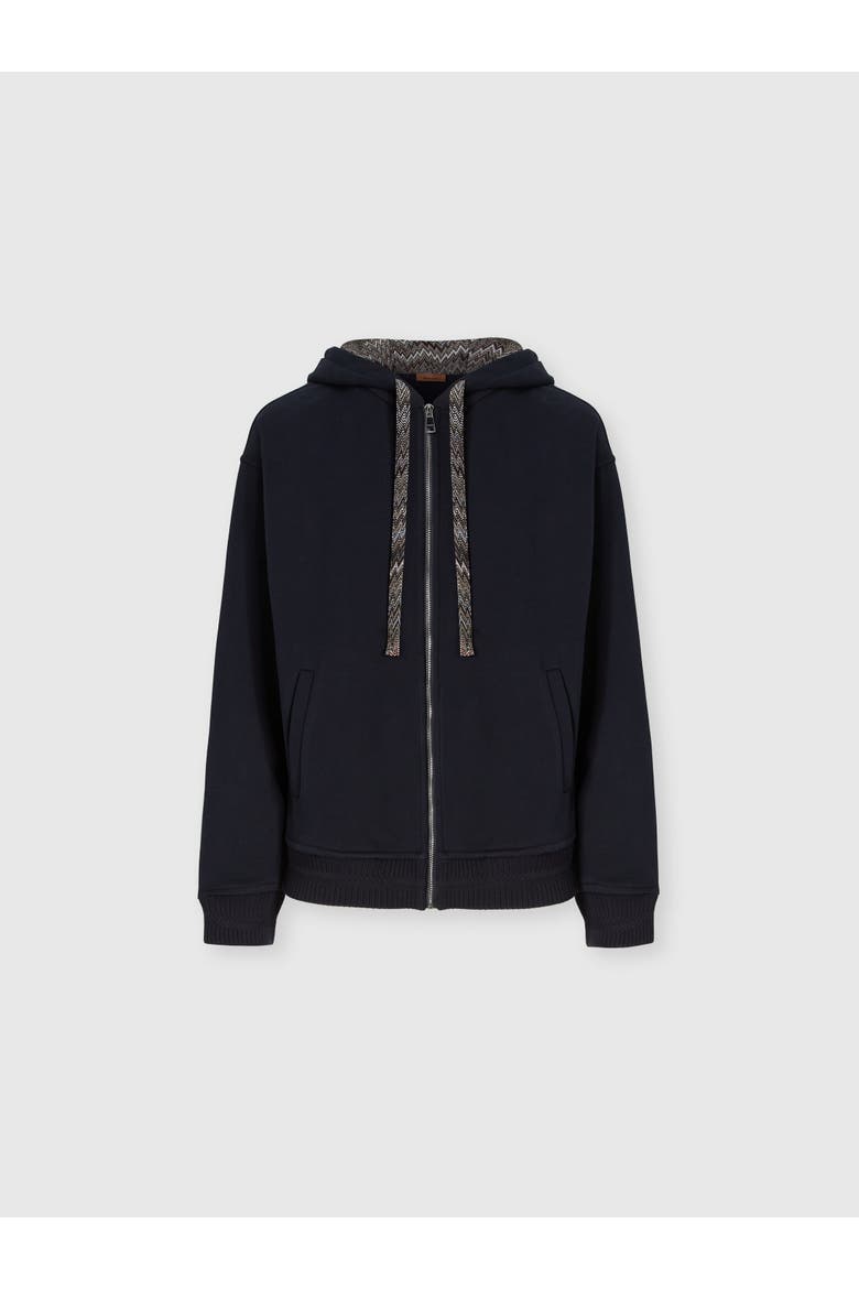 Cotton Fleece Cardigan With Zigzag Insert And Hood, Main, color, Navy Blue