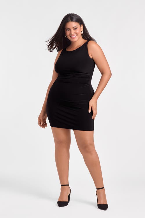 S3 Sculpting Shirred Boat Neck Solid Mini Dress In Black