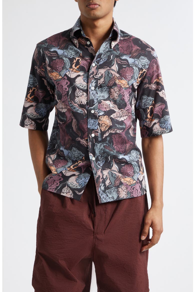 Floral Short Sleeve Button-Down Shirt, Main, color, BLACK / PLUM