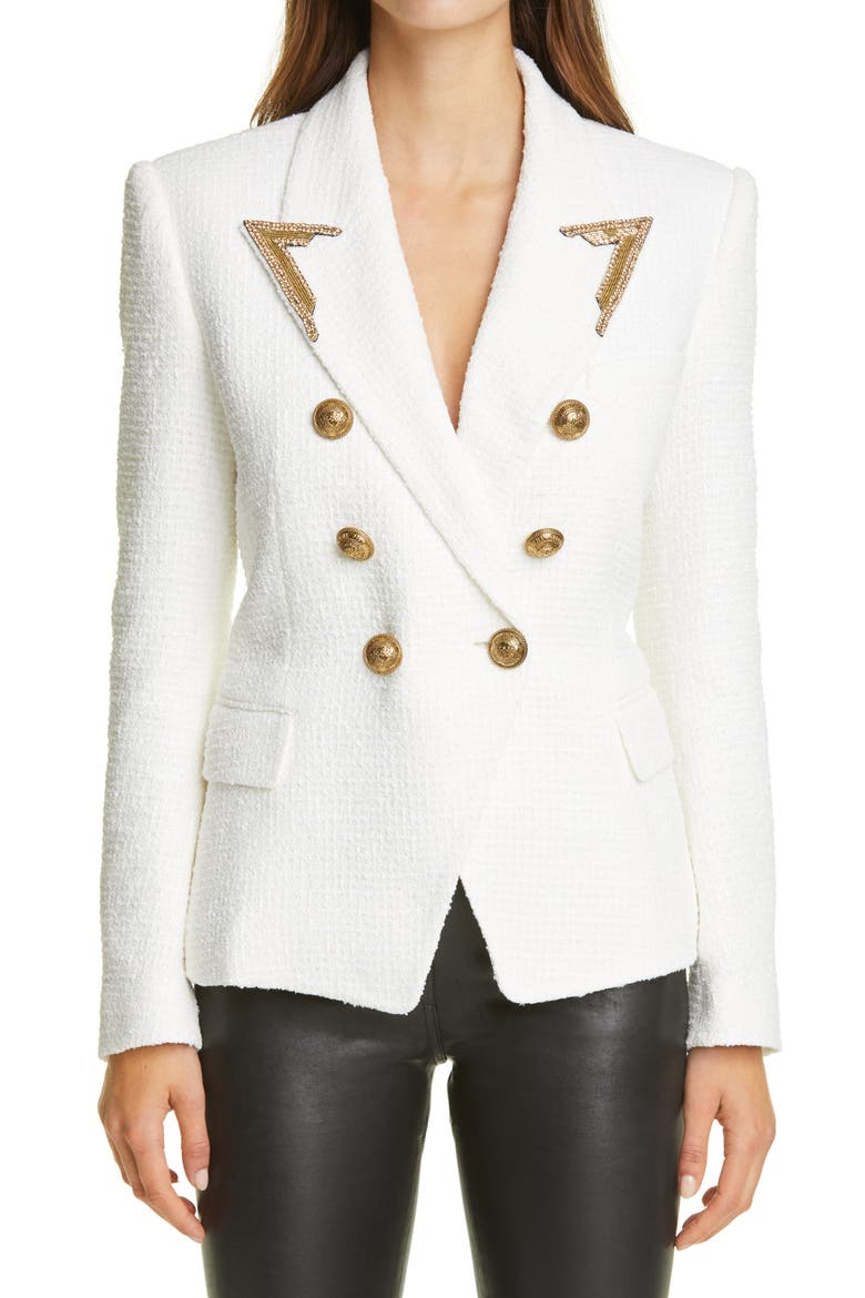 Embellished Lapel Double Breasted Tweed Blazer, Main, color, BLANC