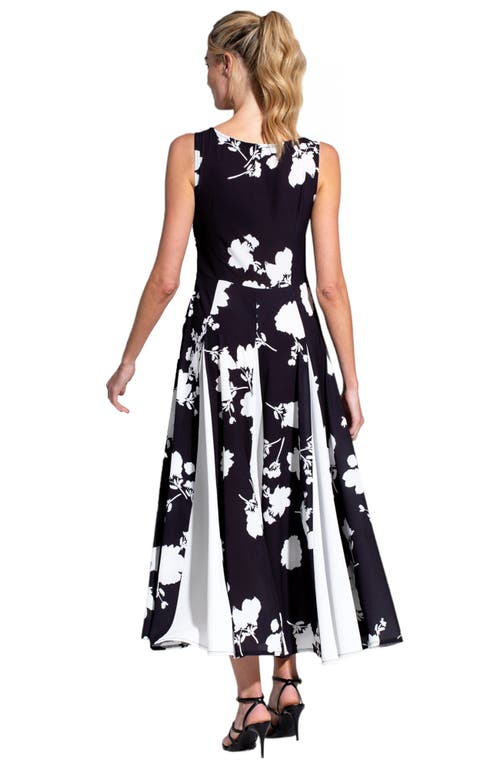 Hotsquash London Clothing Box Pleat Midi Dress With Contrast Skirt In White Flower On Black