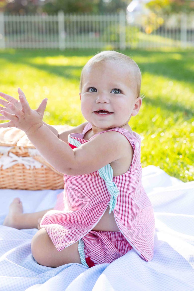 Check Seersucker Dress & Bloomer With Watermelon, Alternate, color, Red/White