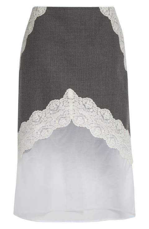 Lace Trim Wool Canvas & Organza Skirt