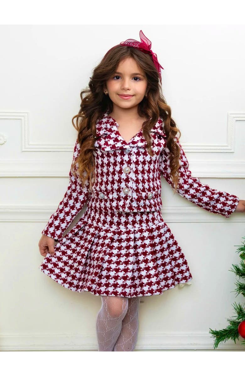 Mia Belle Girls Cute Festive Jacket and Pleated Skirt Set, Alternate, color, Burgundy