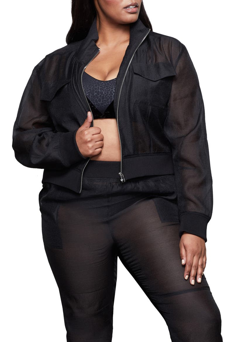 Sheer Crop Bomber Jacket, Alternate, color, BLACK001