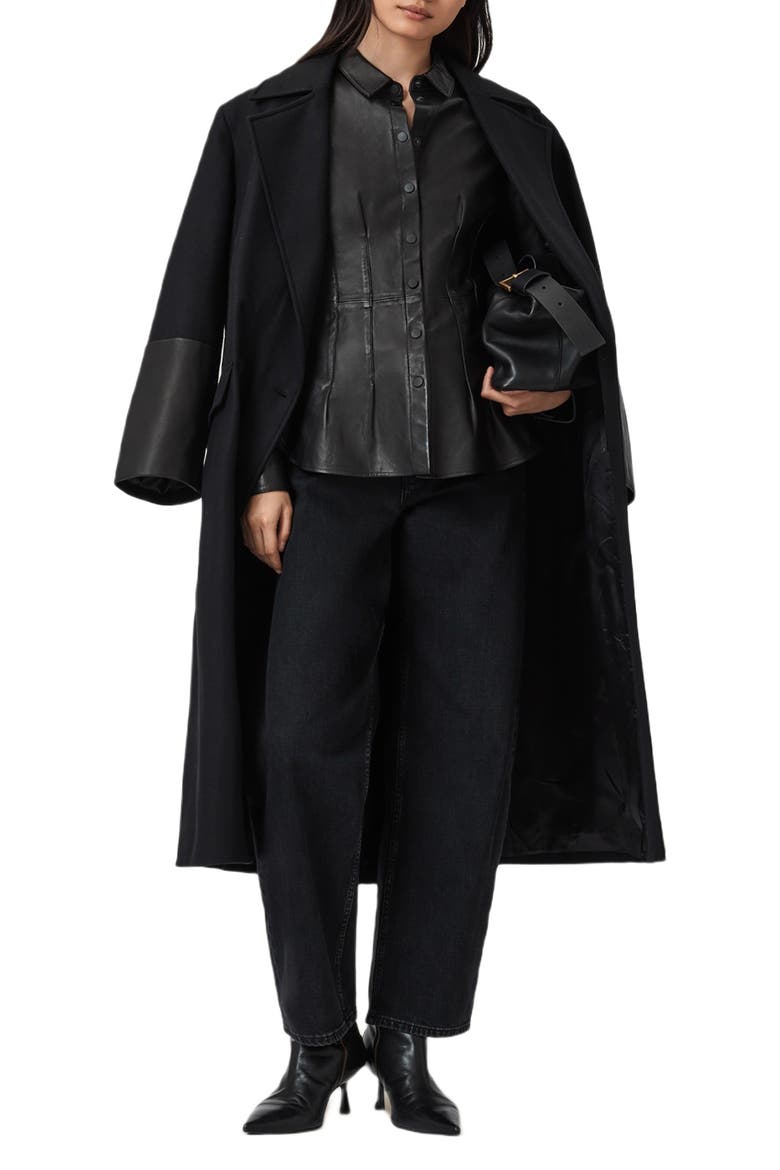 Sellma Leather Trim Wool Blend Coat, Alternate, color, BLACK