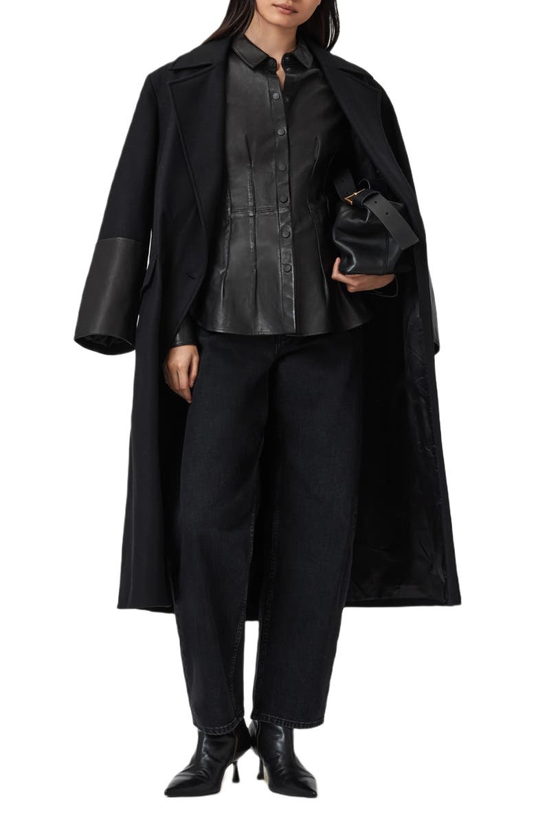 AllSaints Sellma Leather Trim Wool Blend Coat, Alternate, color, Black
