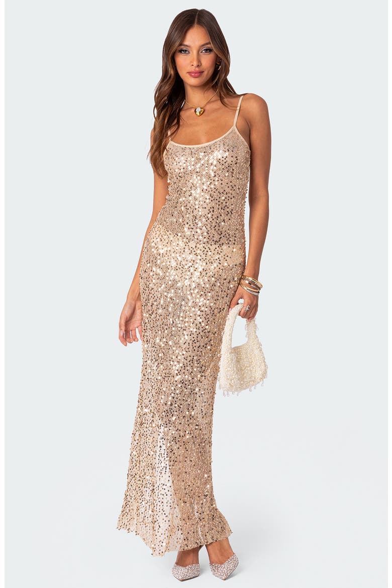 Sheer Mesh Sequin Maxi Dress, Alternate, color, GOLD