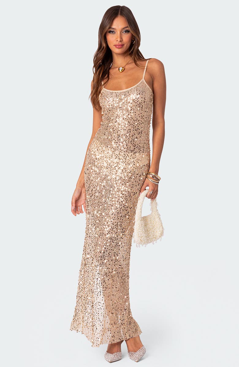 EDIKTED Sheer Mesh Sequin Maxi Dress, Alternate, color, Gold
