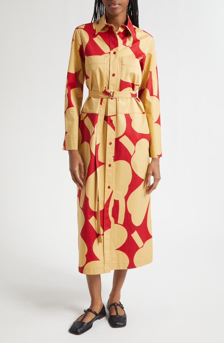 Marimekko Molla Unikko Floral Long Sleeve Twill Shirtdress, Main, color, Light Brown, Red