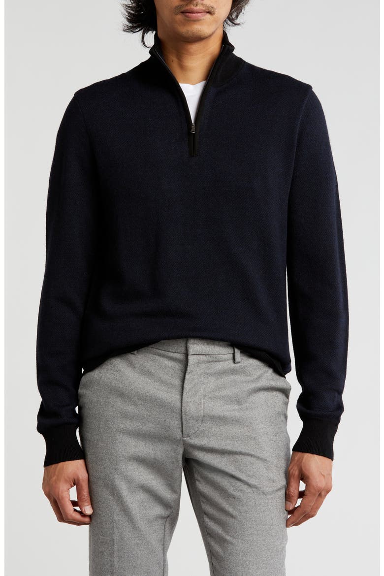 Merino Wool Two-Tone Twill Quarter-Zip Pullover, Main, color, BLACK CHARCOAL