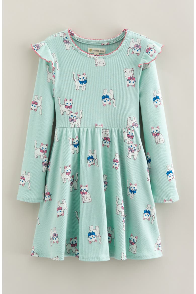 Kids' Ruffle Long Sleeve Rib Dress, Main, color, GREEN FLORA BOW KITTENS