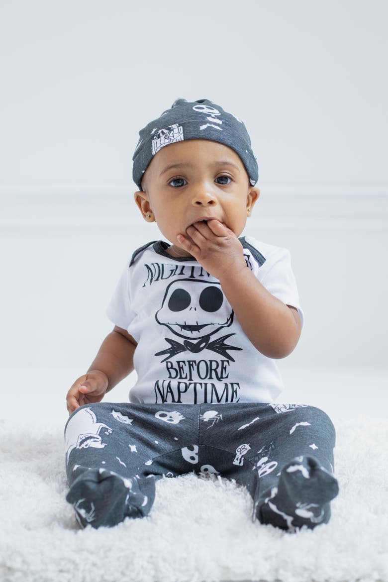 Nightmare Before Christmas Footed Pant and Bodysuit Set with Hat, Alternate, color, Jack Skellington Grey