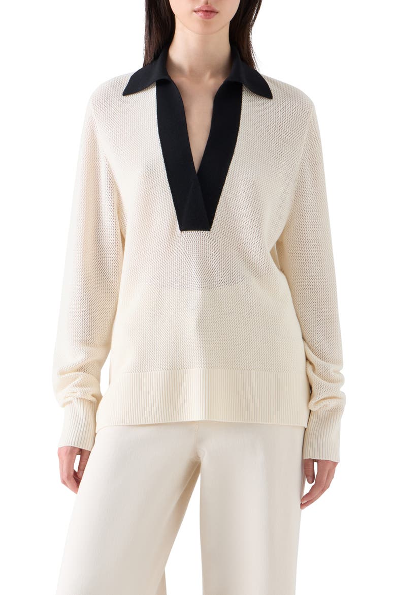 Cool Virgin Wool Mesh Polo Sweater, Main, color, IVORY-BLACK