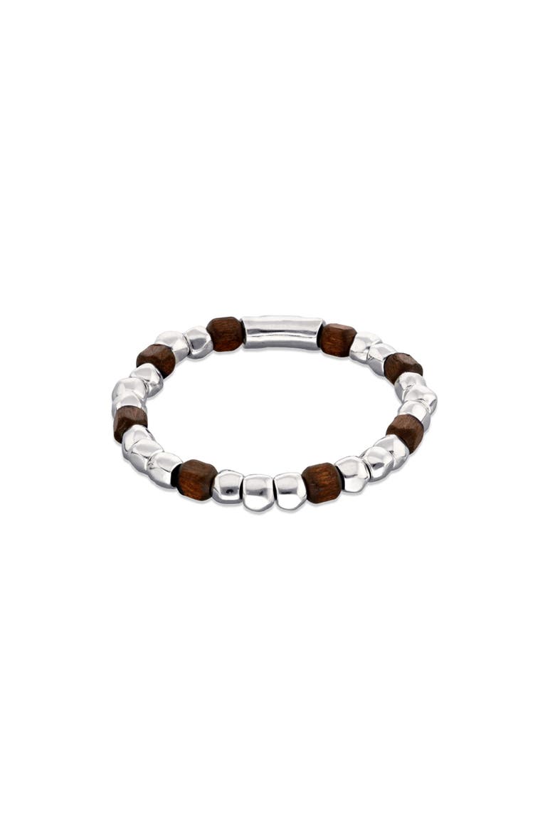 Elastic Bracelet with Beads Plated in Sterling Silver and Wooden Beads, Alternate, color, Silver