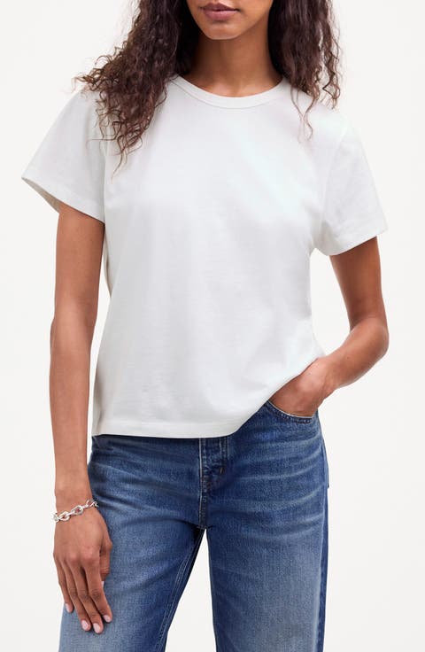 メイドウェル Madewell Scoop Neck Puff Tee レディース シャツ トップス Vintage Ivory Madewell Women's Slub Boxy-Crop Tee, Eyelet White, XXL at