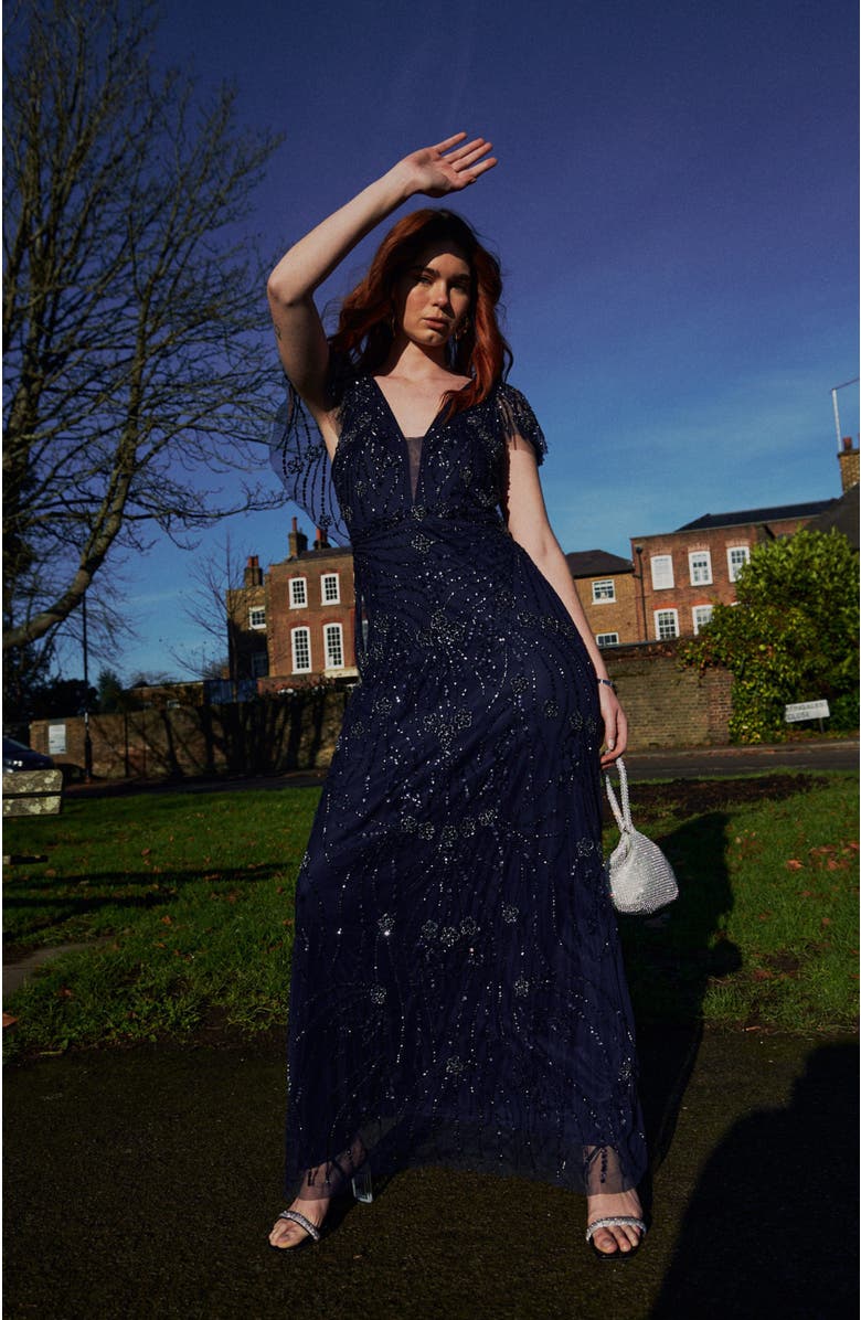 BEAUUT Occasion Embellished Sequin Beaded Deep V Neck Evening Maxi Dress, Alternate, color,