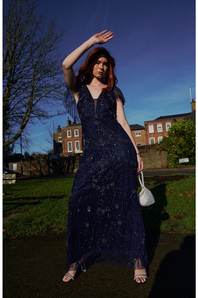 deep v studded embellished evening dress Crystal Beaded Plunging V Neck Prom Gown 43721