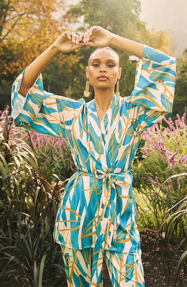 DIARRABLU Teal Blossom Print Lightweight Wrap Jacket, Alternate, color, 