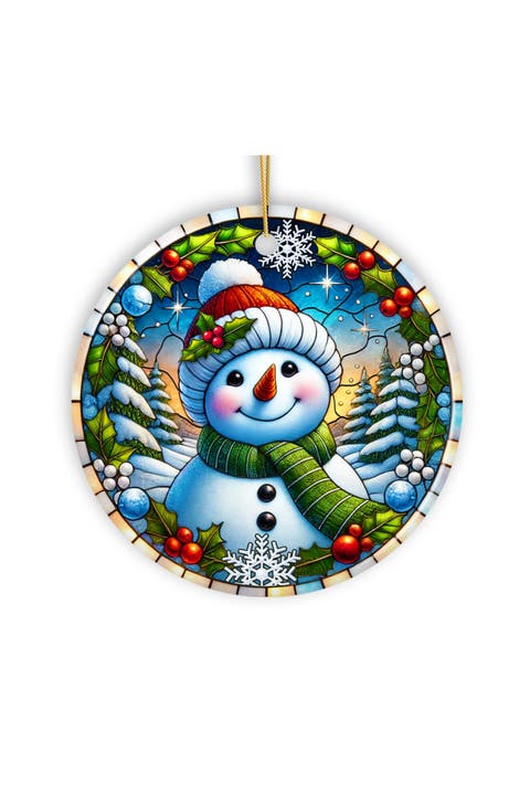 Holly Snowman Stained Glass Style Ornament - Version 4