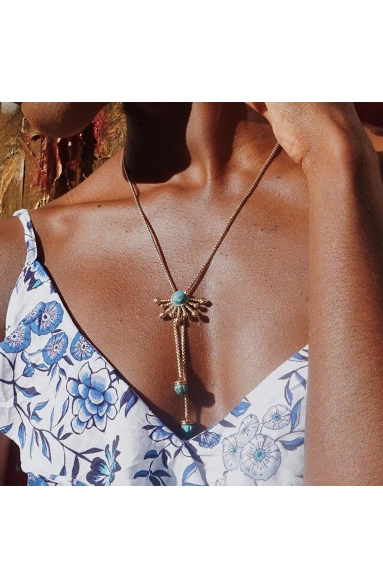 LuvMyJewelry Golden Rays Gold Plated Silver Turquoise Gemstone Diamond Half Sun Lariat Necklace, Alternate, color, 