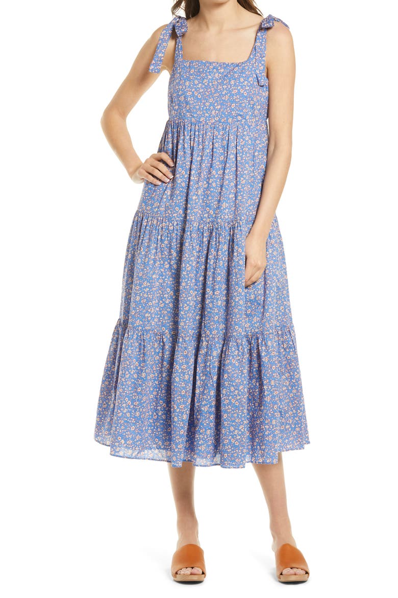 Tie Strap Tiered Midi Dress, Main, color, SUMMER VINES HERMITAGE BLUE