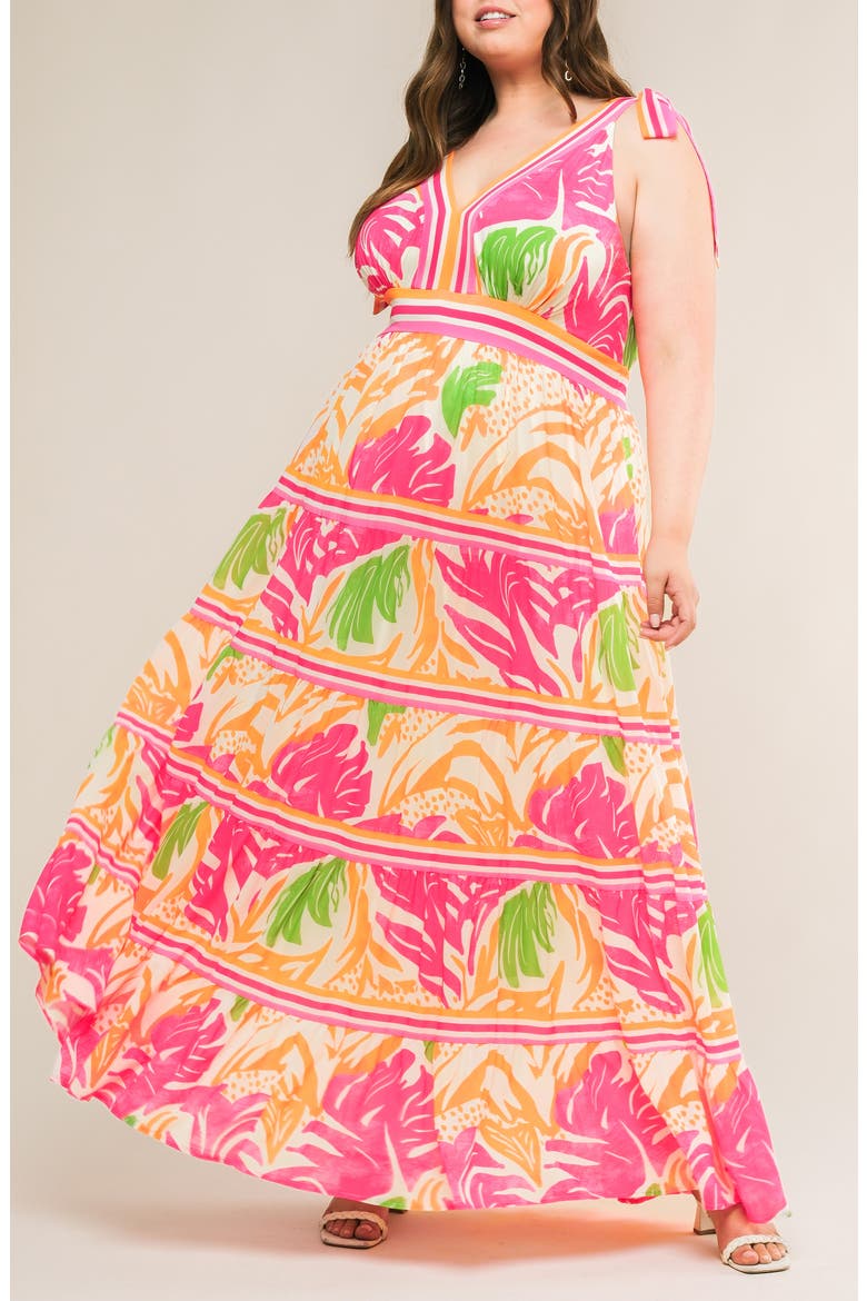 Printed Tie Strap Tiered Maxi Sundress, Alternate, color, FUCHSIA ORANGE