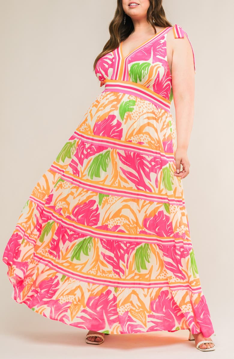 FLYING TOMATO Printed Tie Strap Tiered Maxi Sundress, Alternate, color, Fuchsia Orange