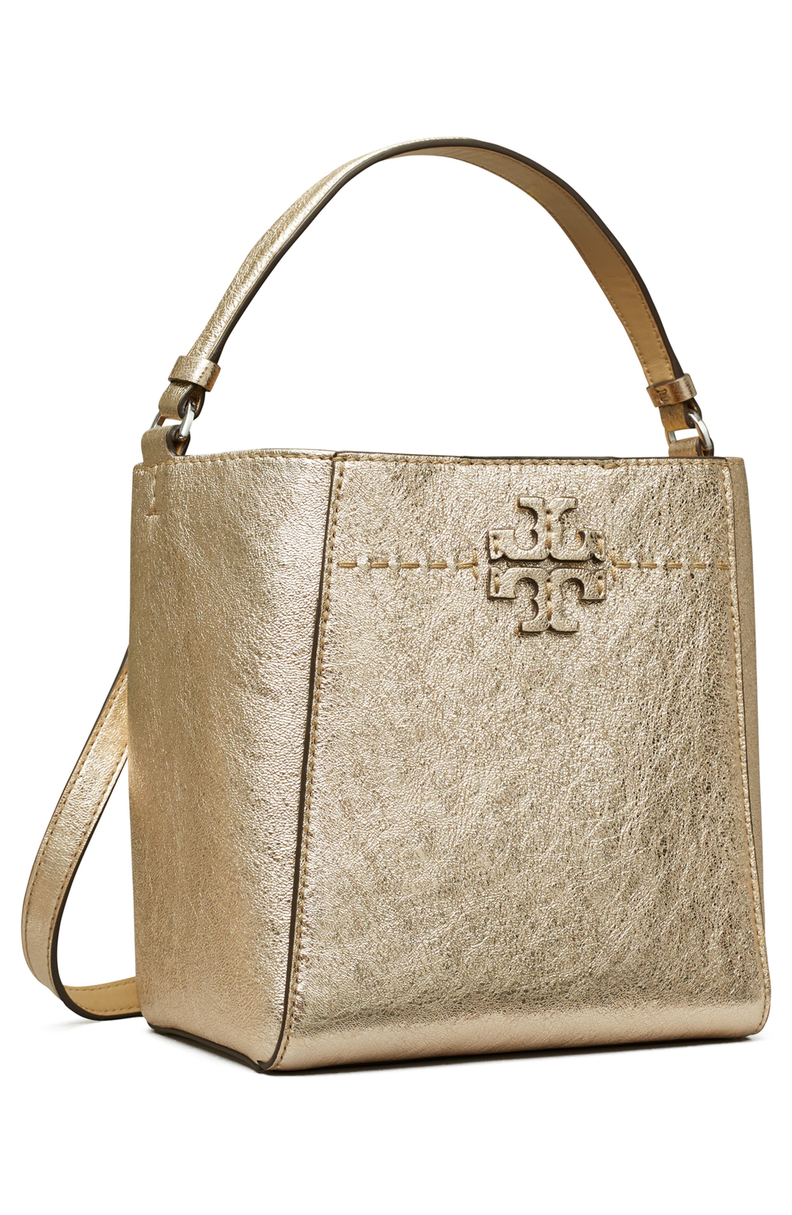 Tory Burch Small McGraw Metallic Leather Bucket Bag, Alternate, color, 