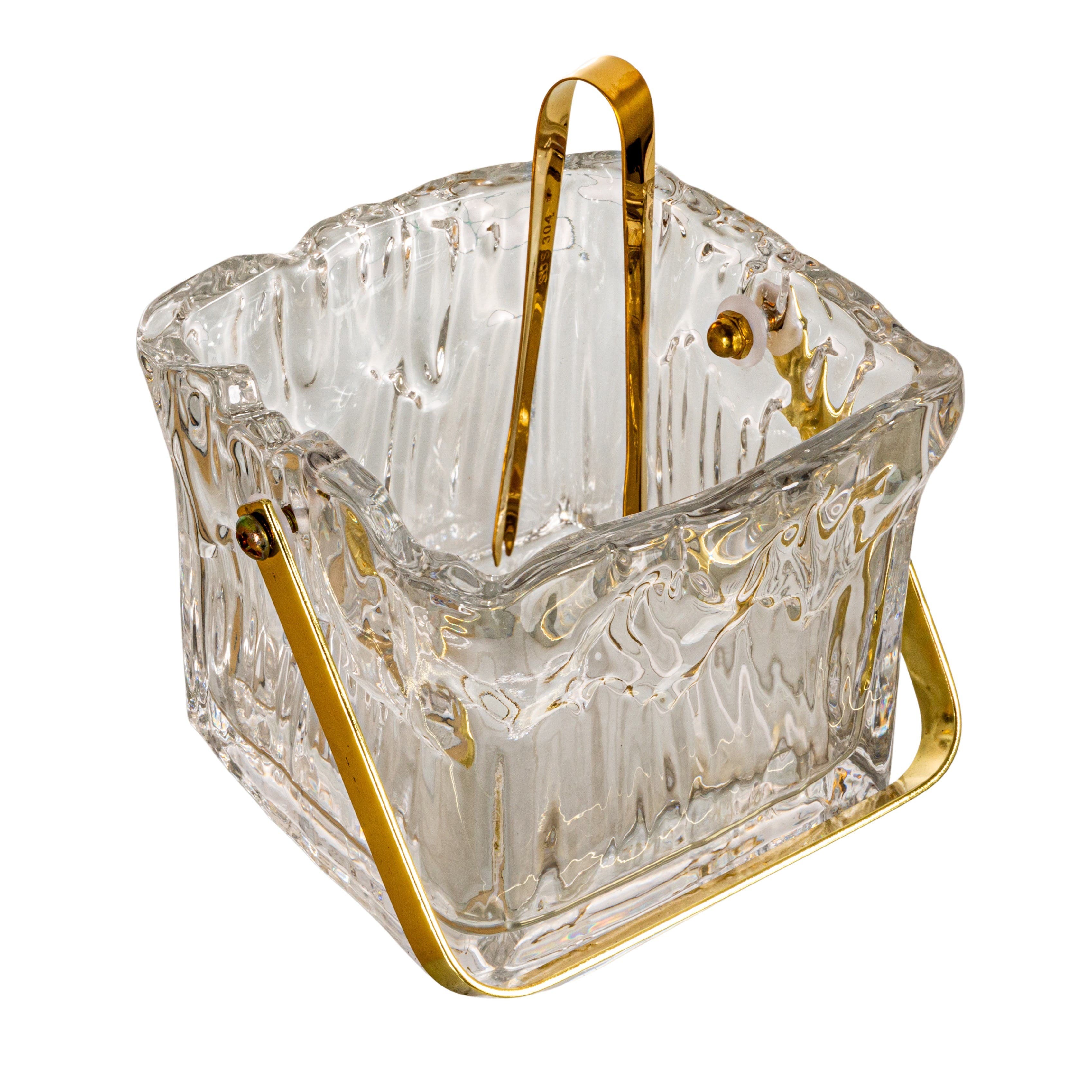 Storied Home 24-Ounce Textured Glass Ice Bucket with Gold Finish Handle and Tongs, Clear/Gold - Gold