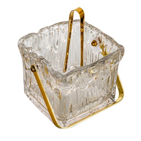 24-Ounce Textured Glass Ice Bucket with Gold Finish Handle and Tongs, Clear/Gold