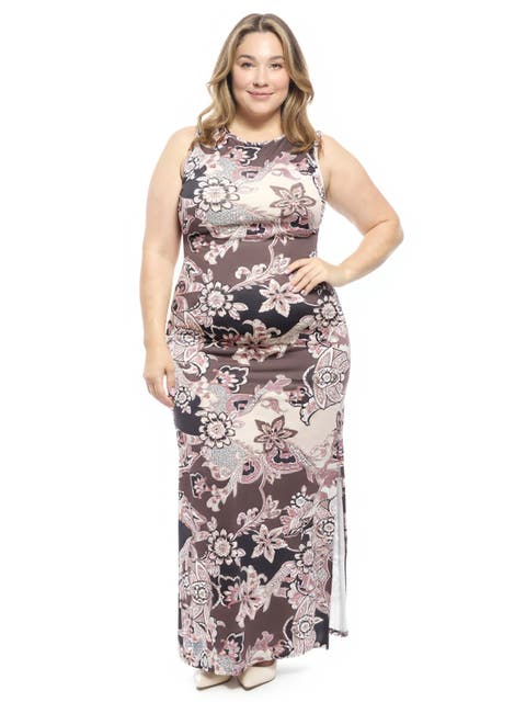 Curvy Essential Sleeveless Round Neck Side Slit Bodycon A-Line Maxi Dress