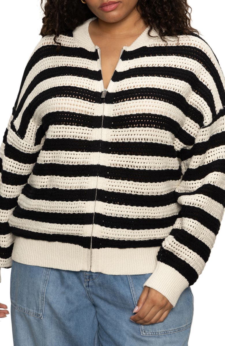 Sanctuary Stripe Open Stitch Cotton Bomber Cardigan, Main, color, 