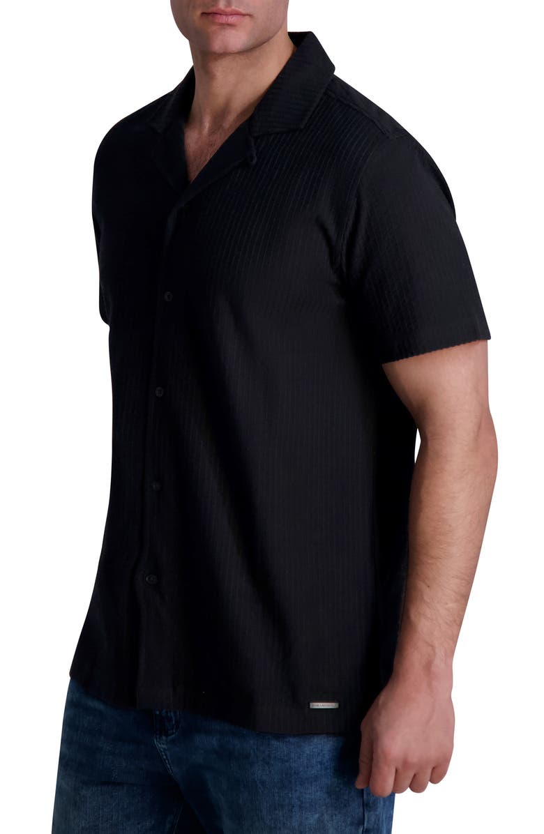 KARL LAGERFELD PARIS Stripe Cotton Knit Camp Shirt, Alternate, color, Black