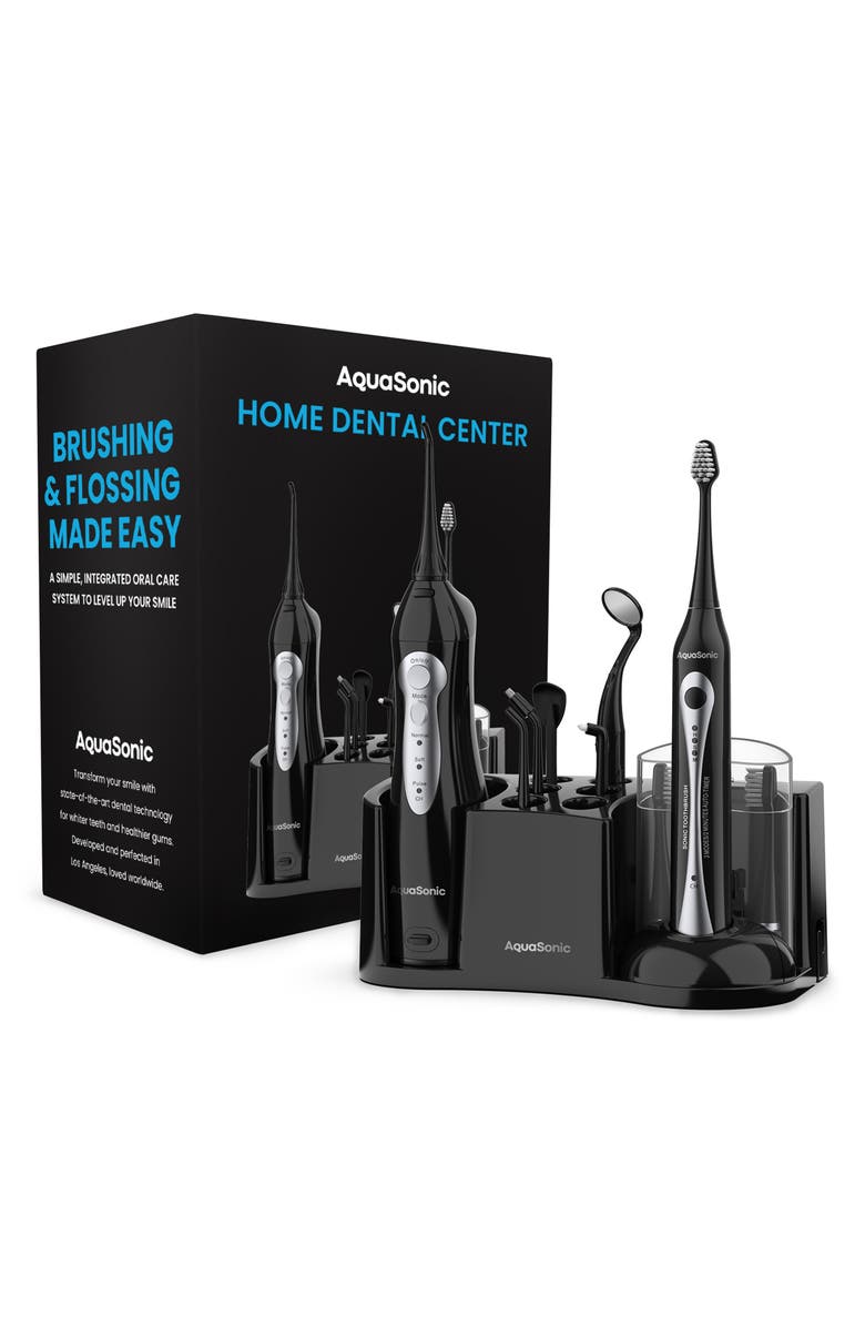 AQUASONIC Home Dental Center Rechargeable Power Toothbrush & Smart Water Flosser Set, Main, color, Black
