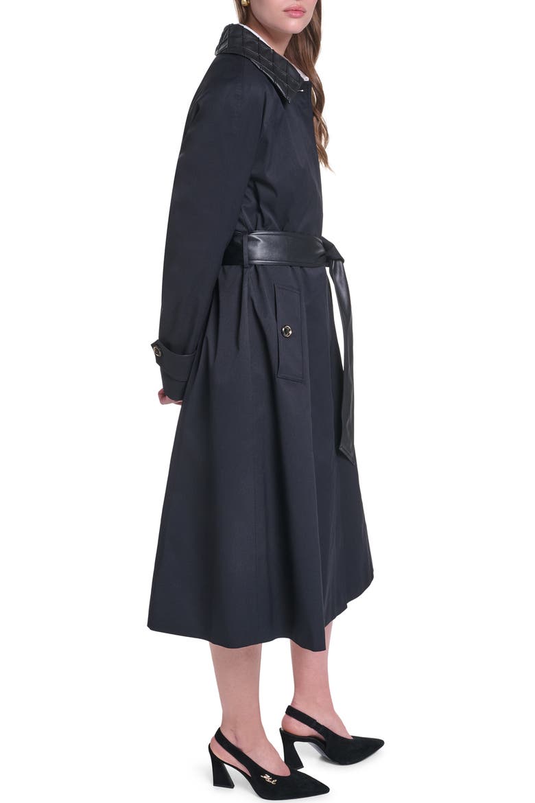 Faux Leather Trim Trench Coat, Alternate, color, BLACK