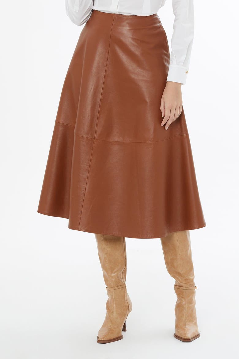 Lambskin Leather Flared Skirt with Back Zip, Alternate, color, Brown