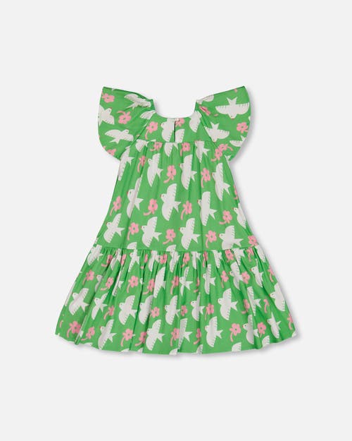 Deux Par Deux Little Girl's Printed Dress With Flounce Sleeves Green With White And Pink Bird In Green With White And Pink Bird