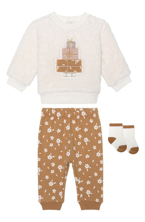 Faux Shearling Sweatshirt, Leggings & Socks Set (Baby)