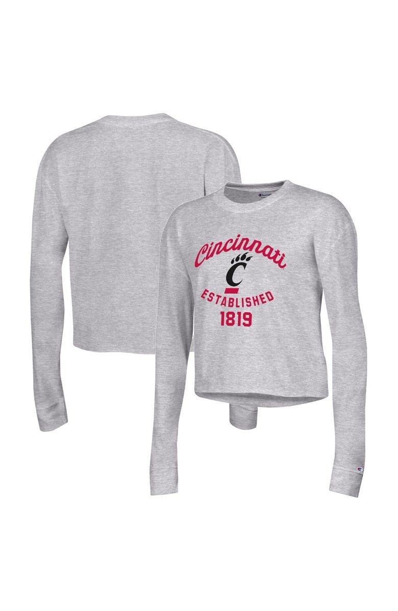 Champion Women's Champion Heather Gray Cincinnati Bearcats Boyfriend Cropped Long Sleeve T-Shirt, Main, color, Heather Gray