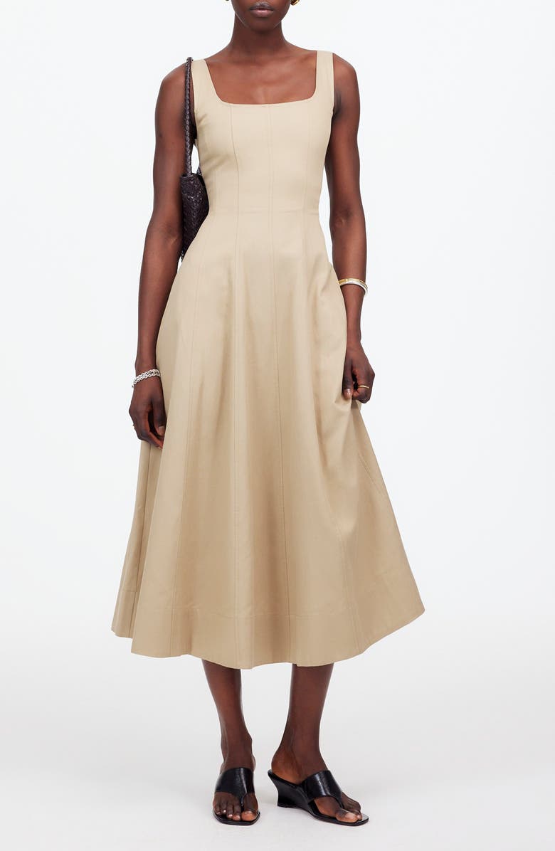 Madewell Seamed Square Neck Sleeveless Midi Dress, Main, color, Heritage Khaki