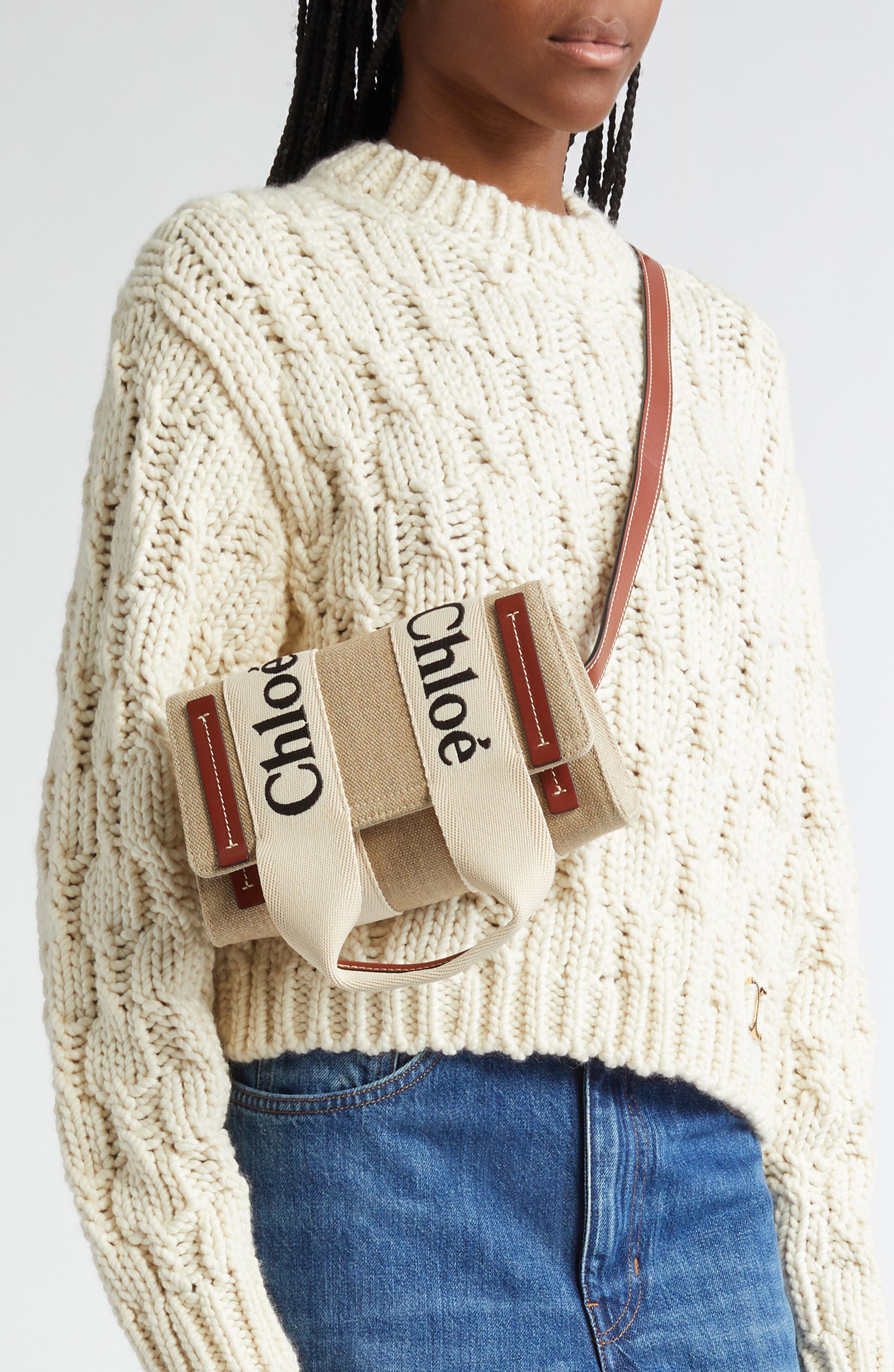 Small Woody Canvas Shoulder Bag, Alternate, color, WHITE - BROWN