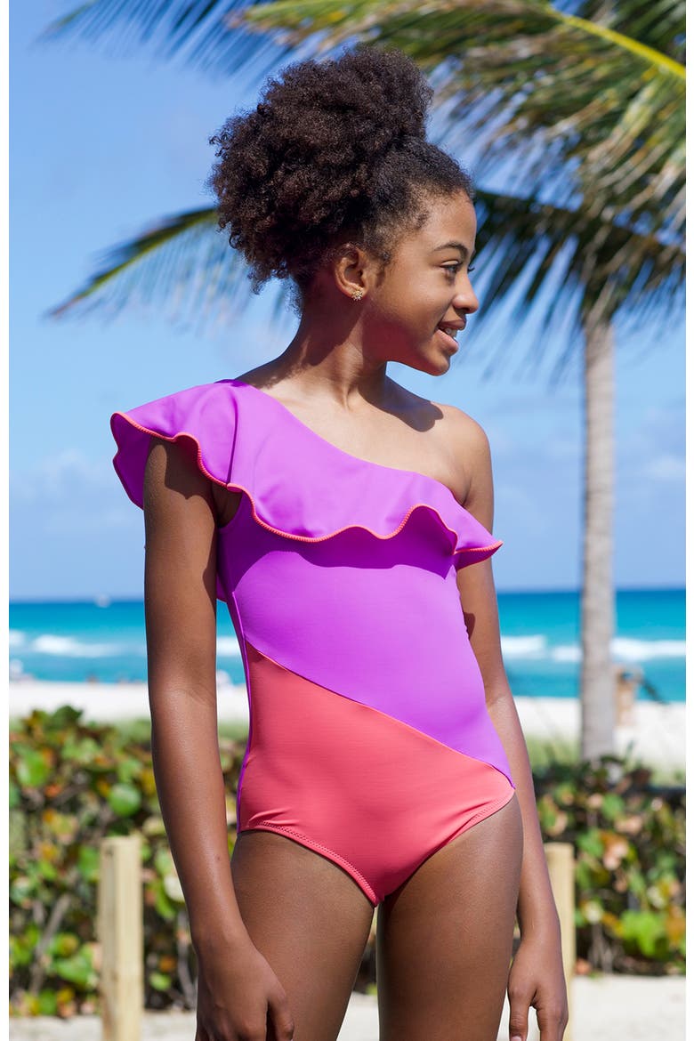 One-Shoulder Vibrant Diagonal Blocked  One-Piece Swimsuit, Alternate, color, Purple-Pink