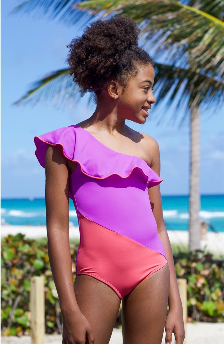NESSI BYRD One-Shoulder Vibrant Diagonal Blocked  One-Piece Swimsuit, Alternate, color, Purple-Pink