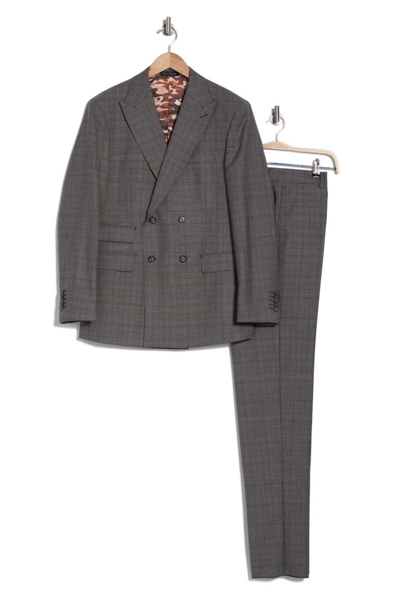 Plaid Double Breasted Wool Blend Suit, Alternate, color, GREY/BROWN PLAID