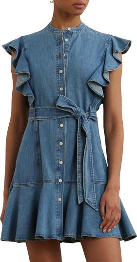Flutter Sleeve Belted Denim Minidress